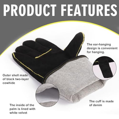 Fireplace Gloves Fire Heat Resistant: Fireproof Leather for Fireplace Fire Pit Wood Stove Campfire Furnace (M) - color: Black, size: Medium