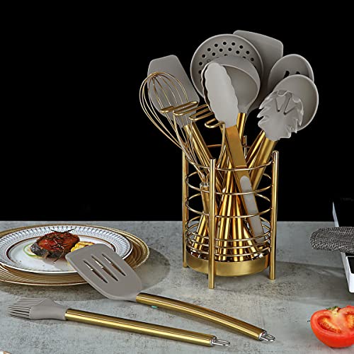 Gold Kitchen Utensils Set, Berglander 38 Pieces Non-stick Silicone Cooking Tools Spoon Spatula Set With Sturdy Stainless Steel Utensil Holder, Dishwasher Safe - style: a. 38 Pieces
