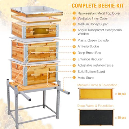 Bee Hive Boxes Starter Kit with Metal Stand,100% Beeswax Coated Bee Hive with 10 Medium and 20 Deep Frames & Foundations(3 Layer)
