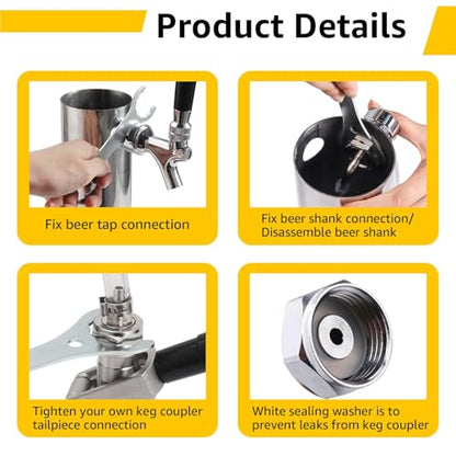 MRbrew Beer Line Shank Faucet Kit, Stainless Core Self-Closing Beer Tap with 3/16'' liquid hose & 1/4" Barb, Kegerator Tower Replacement Set for Draft Beer Dispenser - Include Tap Wrench & Hose Clamps