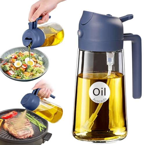 YARRAMATE 16oz/470ml Glass Olive Oil Sprayer for Cooking with Stickers, 2 in 1 Oil Dispenser for Kitchen Gadgets, Food Grade Premium Spray Bottle with Portion Control for Salad, BBQ (Navy) - color: 09_Navy