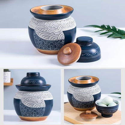 Traditional Chinese Porcelain Pickle Jar, Ceramic Fermenting Jar with Water Seal Airlock Lid, Turnip Kimchi Sauerkraut Fermentation Crock Pickling Pot(5kg, Blue) - color: Blue, size: 5kg