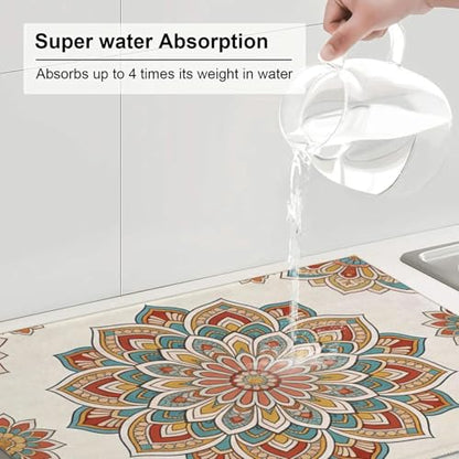 Boho Dish Drying Mat, for Bohemia Kitchen Counter Microfiber Absorbent, Western Dish Draining Reusable Washable Extra Large 18"x24" - color: Boho