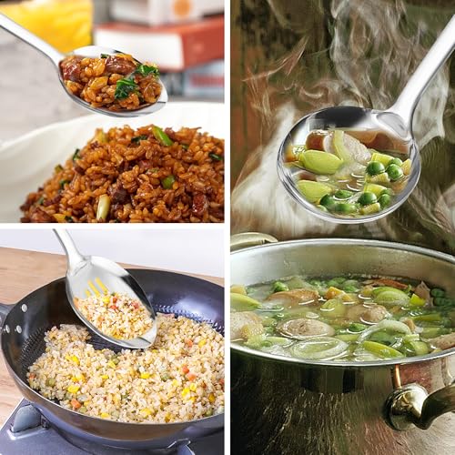 14-in Cooking Spoons Set, Heavy Duty 18/0 Stainless Steel Large Serving Spoons Set, Slotted Spoon, Cooking Spoon & Soup Ladle, Commercial and Residential Use, Pack of 3 - size: Cooking Spoons