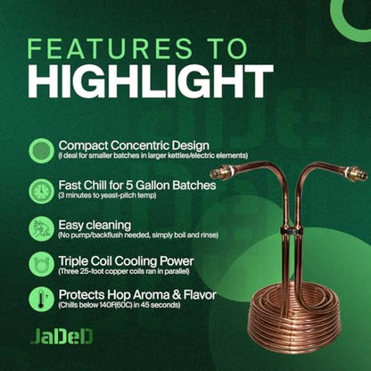 Concentric Hydra™ Copper Wort Chiller for Beer Brewing | Triple Coil Immersion Chiller for Home Brewing Kits | Fast Chill for 5 Gallon Batches | Easy to Clean | For Small Wort Batches in Large Kettles