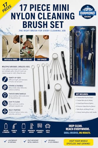 Diamond Shine 17-Piece Nylon Mini Cleaning Brush Set – Detail Brushes for Metal Straws, Airbrushes, Spray Guns, Hummingbird Feeders, Coffee Machines, Tubing & Pipes