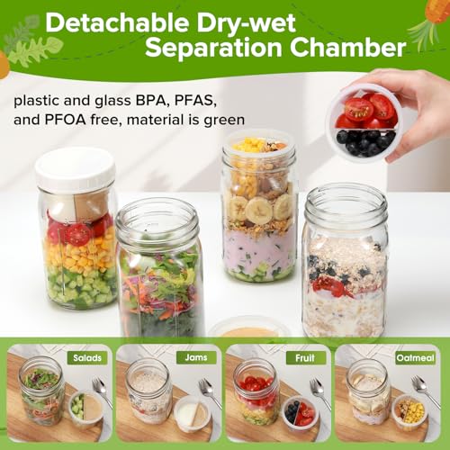 4 Pack Glass Salad Mason Jars with Lids Meal Prep 32 oz Wide Mouth | Mason Jars Salad Container for Lunch With Long Sporks-Leak-proof & Separate Compartments for Dressing and Dry Ingredients