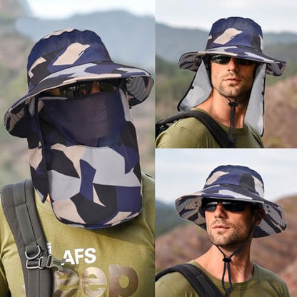 Sun Hats for Men Women Fishing Hat UPF 50+ Breathable Wide Brim Summer UV Protection Hat - color: Camo Beige(with Face Cover & Neck Flap )