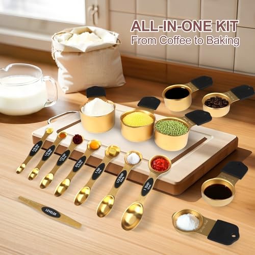 16-Piece Stainless Steel Measuring Cups and Spoons Set, Strong Magnetic Nesting Design 7 Cups 8 Spoons with Leveler, Double Measurement Markings for Dry & Liquid Ingredients, Gold - color: 16-Piece Gold