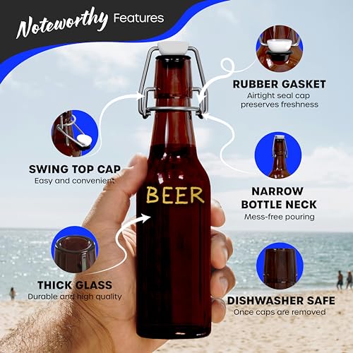Nevlers 8.5 Oz Amber Swing Top Glass Bottles with Airtight Lid 18 Pack | Beer Bottle with Stopper , Funnel, Brush & Marker | Reusable Flip Top Glass Bottle Set | Homemade Vanilla Extract Bottles - size: 18 Pack, style: 8.5 Ounce