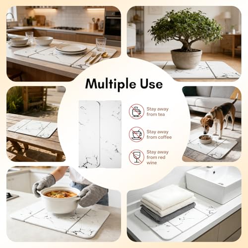 Stone Drying Mat for Kitchen Counter, Foldable Quick-Dry Dish Drying Mat, Water-Absorbent Marble Diatomaceous Earth Mats for Dishes, Cups & Bottles on Any Countertop(20"x16")