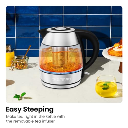 CHEFMAN Electric Kettle - 1.2L 1500W Hot Water Tea Pot with Infuser, BPA Free, Auto Shut Off, Boil-Dry Protection, Removable Lid, LED Light, Cordless Glass Electric Tea Kettle – Stainless Steel - size: 1.2 Liter
