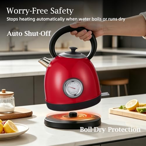 1.7L(57oz) Retro Electric Water Kettle, 1500W 304 Stainless Steel Temperature Control Tea Pot, Cordless LED, Built-in Thermometer, Auto Shut-Off & Boil Dry Protection - color: Red