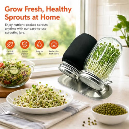 Sprouting Jars Kit, 2 Wide Mouth Mason Jars with 316 Stainless Steel Lids | Complete Kit with 4 Mesh Screens, 2 Light-Blocking Sleeves, Drip Tray and Cleaning Sponge for Fresh Sprouts & Microgreens