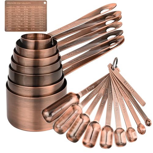 Copper Measuring Cups and Spoons Set of 18, 7 Measuring Cups, 9 Measuring Spoons, Stainless Steel Measuring Spoons and Cups for Dry & Wet Ingredients During Kitchen & Baking - color: A01: Copper-7Cups+9Spoons
