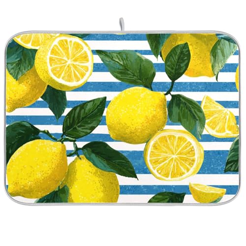 Dish Drying Mat for Kitchen Counter Dish Mat Dish Drainer Mats Kitchen Drying Mat Pad Microfiber Absorbent Reversible 18x24 Inch Blue Striped Summer Lemons - color: Blue Striped Summer Lemons, size: 24" x 18"
