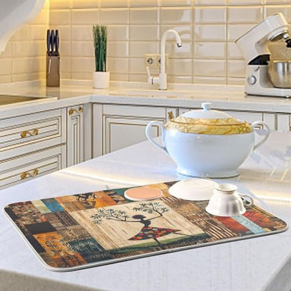 Woman Tree Artwork Dish Drying Mat for Kitchen Counter Super Absorbent Draining Mat with Non-slip Backed Drainer Mat for Dish Bottles Cups Bowl Sinks Countertops Draining Racks