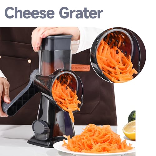 Rotary Cheese Grater with Handle Kitchen Shredder Slicer Grater Slicer Ice Shaver Cheese Vegetable Nuts Potato Zucchini Chocolate 3 Interchangeable Blades (Grey TSP) - color: Dark Grey TSP
