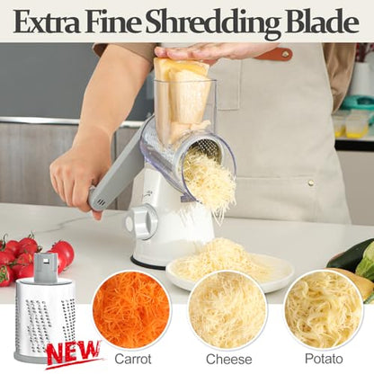 Cambom Rotary Cheese Grater Hand Crank Cheese Shredder for Fresh Cheese, Vegetable, Nuts,Non-slip Suction Base, Five Blades, White - color: White, size: 5 BLADES