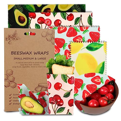 Reusable Beeswax Wrap, 4 Pack Eco-Friendly Beeswax Wraps For Food, Organic, Sustainable, Biodegradable, Zero Waste, Plastic-Free Food Storage, 1L Avocado, 1M Cherry, 1S Strawberry, 1XS Lemon Patterns