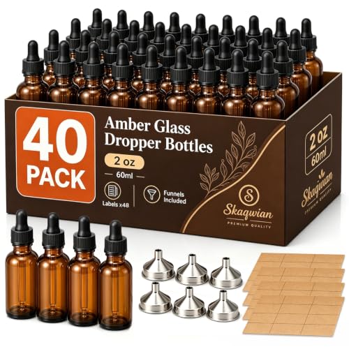 2 oz Glass Dropper Bottles with 6 Stainless Steel Funnels & 48 Labels, Amber Tincture Bottles with Dropper for Essential Oils, Liquid Extracts, Beauty & Personal Care (40 Pack)