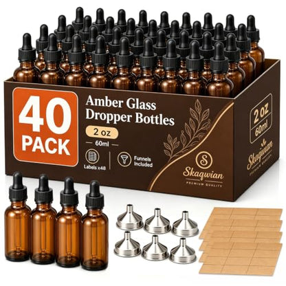 2 oz Glass Dropper Bottles with 6 Stainless Steel Funnels & 48 Labels, Amber Tincture Bottles with Dropper for Essential Oils, Liquid Extracts, Beauty & Personal Care (40 Pack)