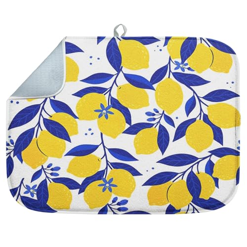 Sanwarm Absorbent Dish Drying Mat, Summer Tropical Yellow Lemons Fruit Microfiber Pad for Kitchen Counter, Coffee Bar Decor, Heat Resistant and Reversible, 16" x 18" - color: Yellow Lemon, size: 16" x 18"