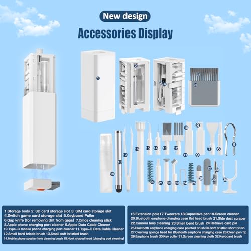 Keyboard Cleaning Kit Laptop Cleaner, 32-in-1 Computer Screen Cleaning Brush Tool, Multi-Function PC Electronic Cleaner Kit for iPad iPhone Pro, Earbuds, Camera Monitor(White) - color: White1