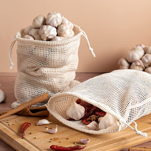 PALTERWEAR 100 Percent Natural Cotton Double Drawstring Mesh Bag For Herbs, Nuts, Spices (6 x 8 Inch - Set of 5) - size: 6 x 8 Inch - Set of 5