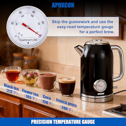APOXCON Retro Electric Kettle with Thermometer, 1.8L Stainless Steel, Black, Cordless, 1000W Fast Boiling, Automatic Shut Off - color: Black