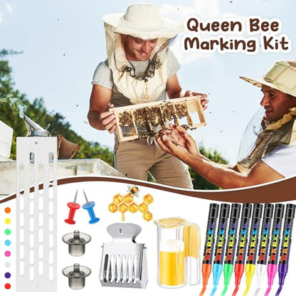 Qualirey 19 Pcs Queen Bee Marking Kit with Bee Marking Bottles Stainless Steel Queen Catcher Cage and Clips Marker Pens Beehive Entrance Gate Bees Cell Cups Push Pins for Beekeeping Supplies Tools