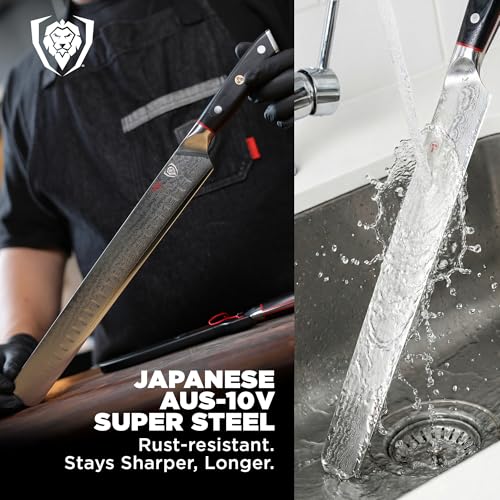 Dalstrong Carving Slicing Knife - 12 inch - Shogun Series ELITE - Granton Edge - Japanese AUS-10V Super Steel Kitchen Knife - Damascus - Vacuum Treated - Slicer Kitchen Knife - Sheath Included - color: Black, size: 12"