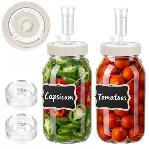 64oz Fermentation Jar Kit with Date-Tracking Lid Airlock Seal and Fermenting Weights, Wide Mouth Glass Jars with Scale Mark for Making and Storing Sauerkraut, Pickles (Pack of 2)