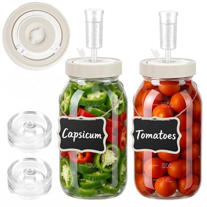 64oz Fermentation Jar Kit with Date-Tracking Lid Airlock Seal and Fermenting Weights, Wide Mouth Glass Jars with Scale Mark for Making and Storing Sauerkraut, Pickles (Pack of 2)