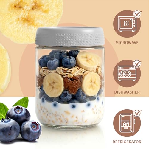 6 Pack Mason jars, 16 oz Overnight oats Containers with Lids, Parfait Cups with Lids for Yogurt, Oatmeal, Glass Jar with Lid for Storage, Food, Pudding, Sugar, Salad, Snack, Kitchen, Jam(Gray) - color: Grey