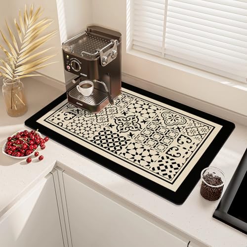 Coffee Mat Dish Drying Mat Hide Stain High Absorbent Bar Mat for Countertops Easy Clean,Fit Under Coffee Maker Machine And Accessories-16"x24",Black Boho - color: Black Boho, size: 24" x 16"