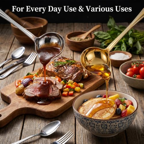 2 Pieces Stainless Steel Gravy Drizzle Spoon Small Ladles for Serving Sauce Saucier Spoon 1 Ounce for Sauce Soup with Pouring Spout Gold and Silver