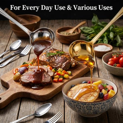 2 Pieces Stainless Steel Gravy Drizzle Spoon Small Ladles for Serving Sauce Saucier Spoon 1 Ounce for Sauce Soup with Pouring Spout Gold and Silver