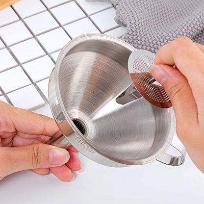 Stainless Steel Wide Mouth Funnels with Detachable Strainer, 5-inch Funnel for Filling Small Bottles and Jars, Cooking Oil and Transmission Liquid and Powder, Food Grade Metal Kitchen Funnels Silver - color: Silver