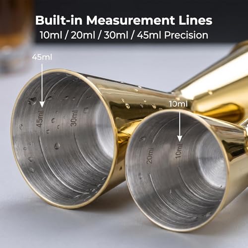 Gold Japanese Jigger 1oz/2oz Double Cocktail Measuring Jigger with Internal Markings (10ml/20ml, 30ml/45ml), Heavy Duty 18/8 Stainless Steel Mirror Finish Bar Tool for Bartending - color: Gold