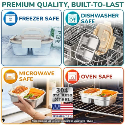 Everusely - Large Stainless Steel Bento Box + Snap Lock Lid - 2 Compartments, 40.5 oz - Hot Food Metal Lunch Box - Leakproof Divided Meal Storage Container- Microwave, Oven, Refrigerator Safe - size: 1200mL