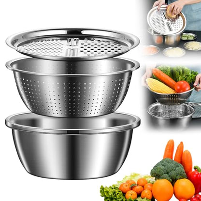 Germany Multifunctional Stainless Steel Basin, 3 in 1 Multifunctional Stainless Steel Basin Strainer Set, Kitchen Grater Set, Strainer and Drain Basket for Vegetables 11.02inch - color: 11.02inch