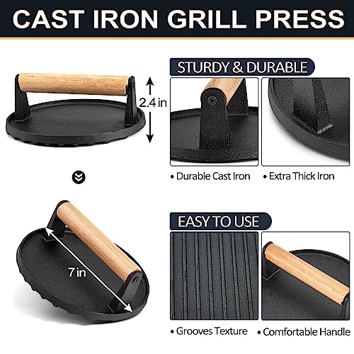 Cheese Melting Dome & Burger Press Kit, Joyfair 12” Basting Cover with Cast Iron Grill Press for Bacon, Griddle Accessories for Outdoor BBQ Flat Top Grilling Teppanyaki Kitchen Steaming (Round)