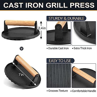 Cheese Melting Dome & Burger Press Kit, Joyfair 12” Basting Cover with Cast Iron Grill Press for Bacon, Griddle Accessories for Outdoor BBQ Flat Top Grilling Teppanyaki Kitchen Steaming (Round)
