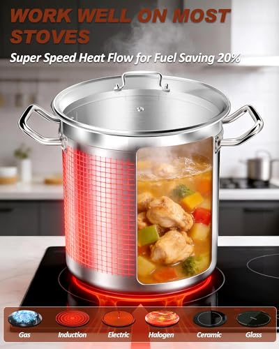 Large Stock Pot 20 Quart - Commercial Grade Soup Pot With Glass Lid - Nickel Free Stainless Steel Cookware - Healthy Polished Stockpots - Heavy Duty Induction Pots - size: 20 Quarts