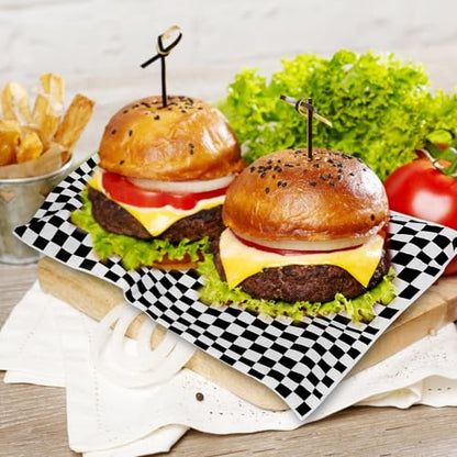 100pcs Deli Paper Sheets 12x12", Premium Food Basket Liners, Grease Resistant Wax Paper Sheets for Food, Classic Checkered Sandwich Wrapping Paper (Black & White Checkered) - color: Black & White Checkered