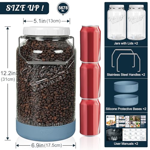 1.5 Gallon Huge Glass Jar with Airtight Lid, Wide Mouth Large Mason Jars for Fermenting, Pickling, Canning, Water Glassing Eggs, Kombucha, and Food Storage – with Handle & Scale Marks(2 Packs)