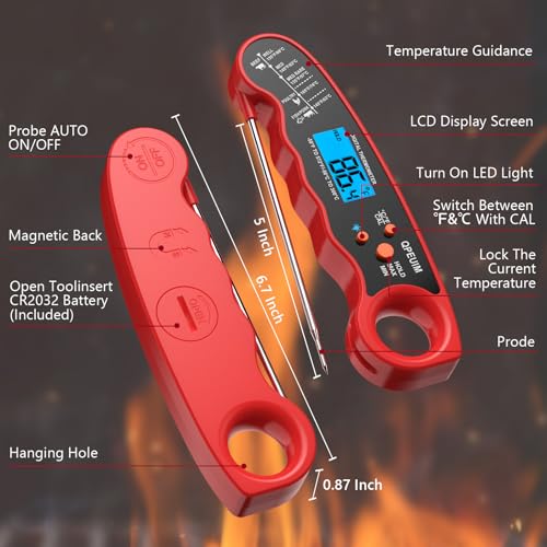 QPEUIM Meat Thermometer Digital Instant Read Thermometer Waterproof Food Thermometer with Backlight & Calibration for Grill and Cooking Turkey BBQ - color: Red 01