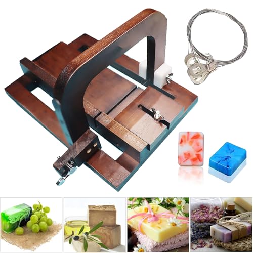 Adjustable Black Walnut Soap Cutter with Steel Wire, DIY Soap Slicing Tool, Includes 10 Replaceable Wires & Size Scale for Handmade Soap Making