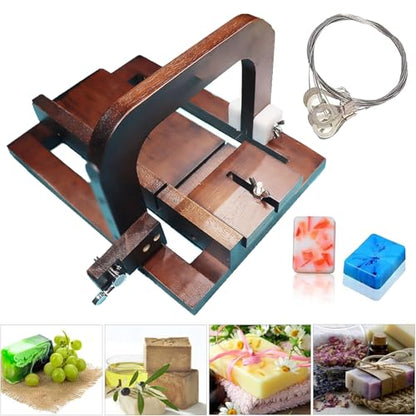 Adjustable Black Walnut Soap Cutter with Steel Wire, DIY Soap Slicing Tool, Includes 10 Replaceable Wires & Size Scale for Handmade Soap Making